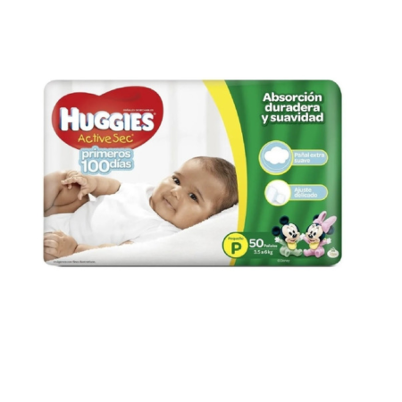 PAÑALES HUGGIES TALLA P X 50 UNIDADES